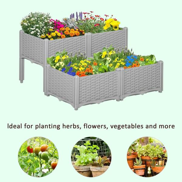 Grey elevated raised planter box set filled with colorful flowers and herbs on legs