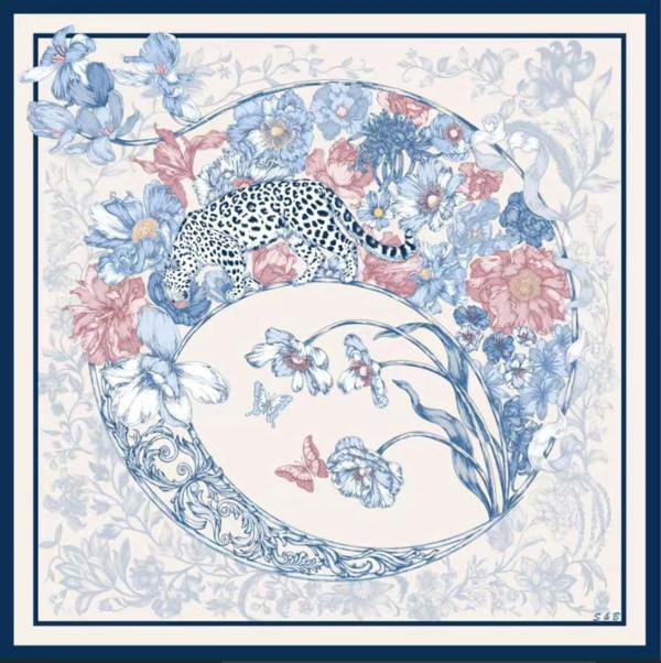 Leopard & Floral Twill Silk Scarf – Printed Mulberry Silk, Gift for Her