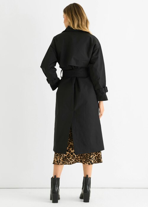 Gini London Black Double Breast Longline Belted Trench Coat