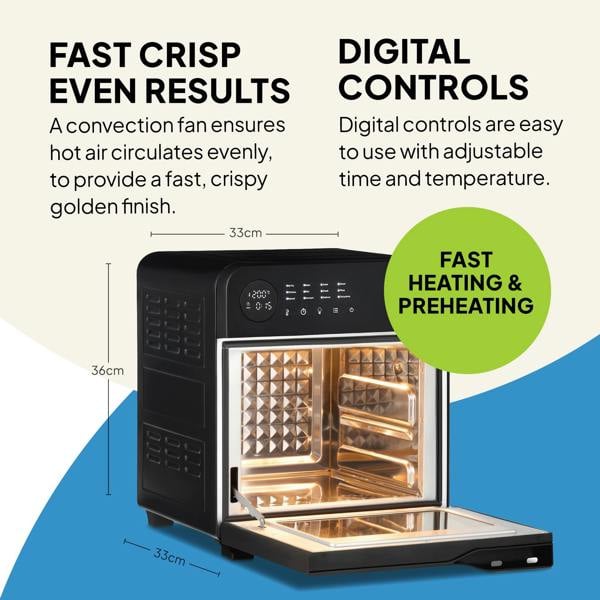 The Fridja f66 Super Oven is a 15L black digital air fryer oven with a lit, diamond-patterned interior. Enjoy fast, crispy convection cooking, easy digital controls, even heating, and PFAS-free materials. Size: 36x33x33 cm.