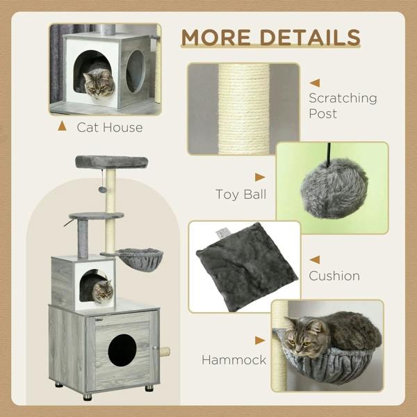 Grey cat litter box set with enclosed cat house, scratching posts, toy ball, and cushion hammock