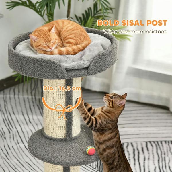 Grey cat tree with plush top bed and sisal scratching post; orange cat resting