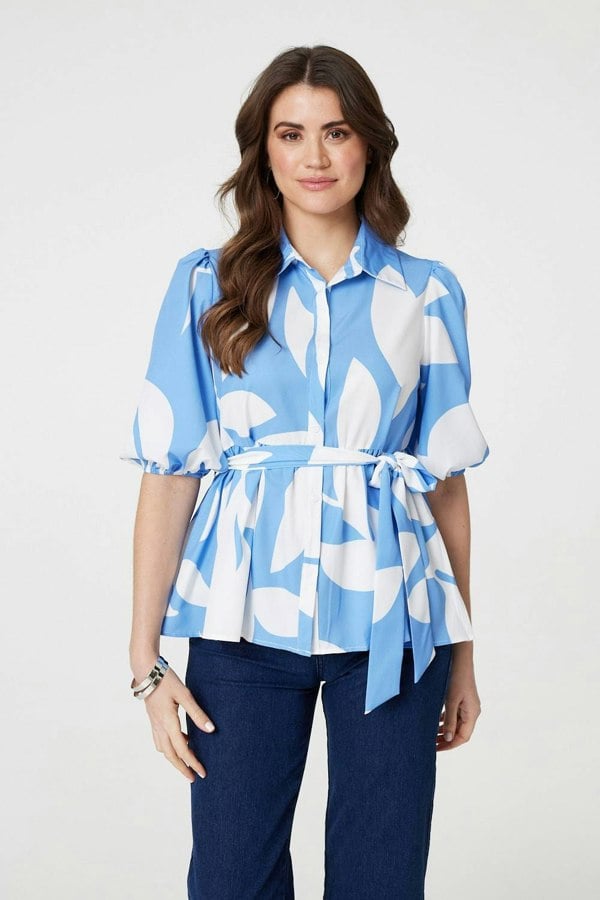 Blue | Abstract Puff Sleeve Tie Waist Blouse
