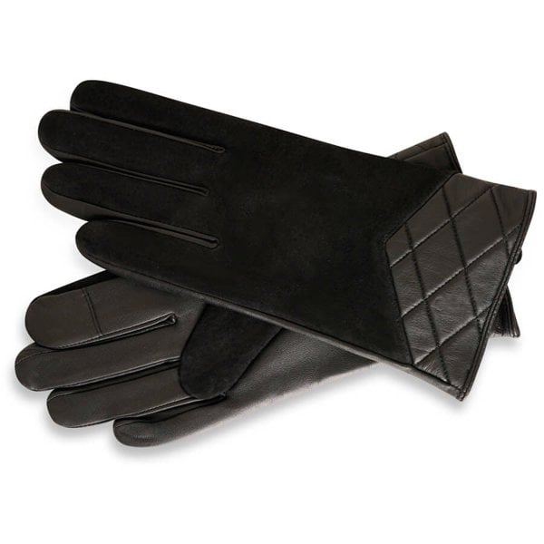 This image displays a pair of women's black suede gloves from Barneys Originals. They are unworn and have been photographed against a white background. The the black suede outer has a soft finish and the underside of each glove is made from black leather. You'll notice a triangle of quilted leather on the top of the glove near the cuff.