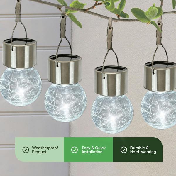Gardenwize Pack of 4 Solar Hanging Lights – Crackle Glass Ball LED Lights