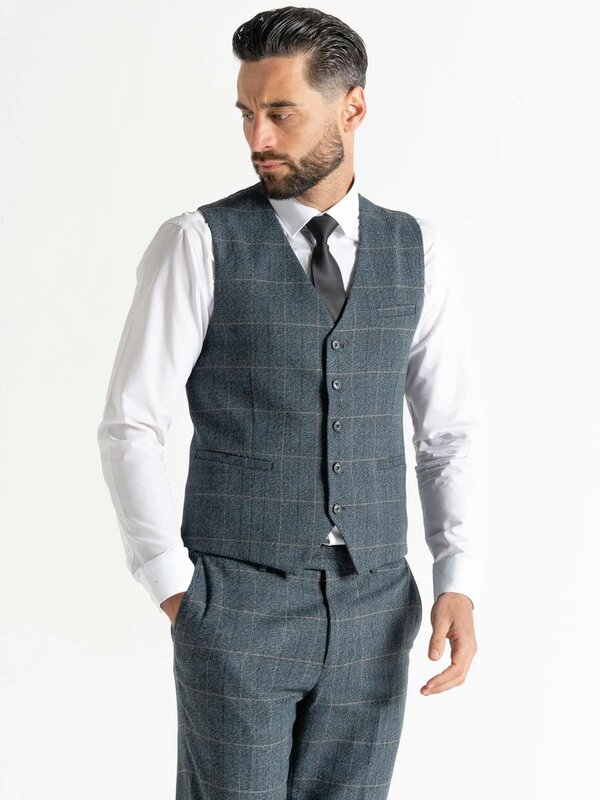 V2 Classic Kensignton Three Piece Suit - Blue Tweed With Orange Checks