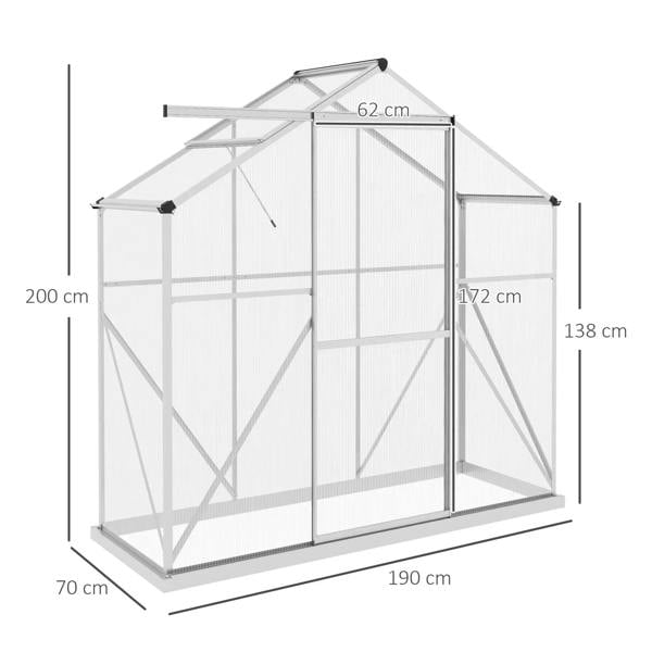 Walk-in greenhouse with silver frame, clear twin-wall panels, front sliding door