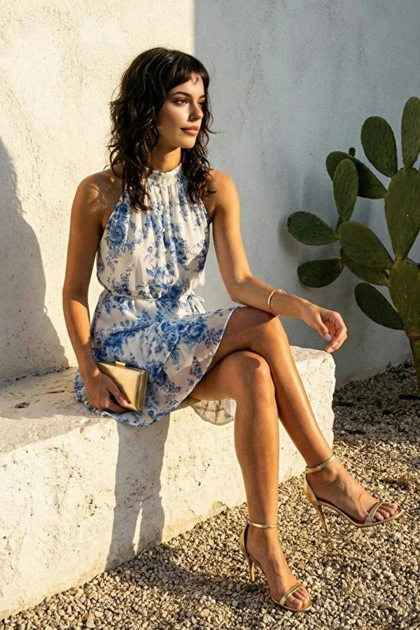 WOVCOR Floral Pattern A-Line Lined Chiffon Flowy Woven Mini Dress