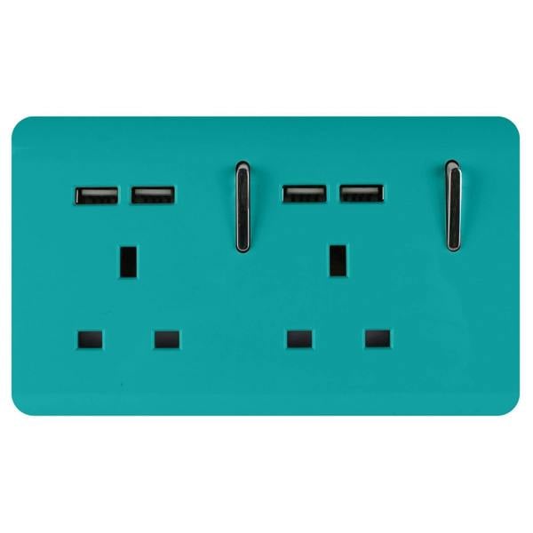Trendi Switch 2 Gang 4 Port USB 2100mA Plug Socket in Bright Teal