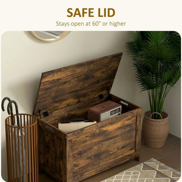 Rustic wooden storage chest with open lid and safety hinges, cut-out side handles