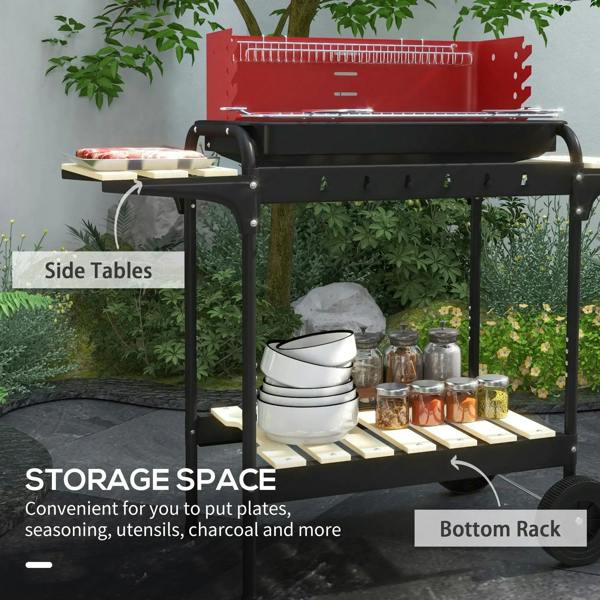 Red charcoal BBQ grill with side tables and bottom rack, lid open