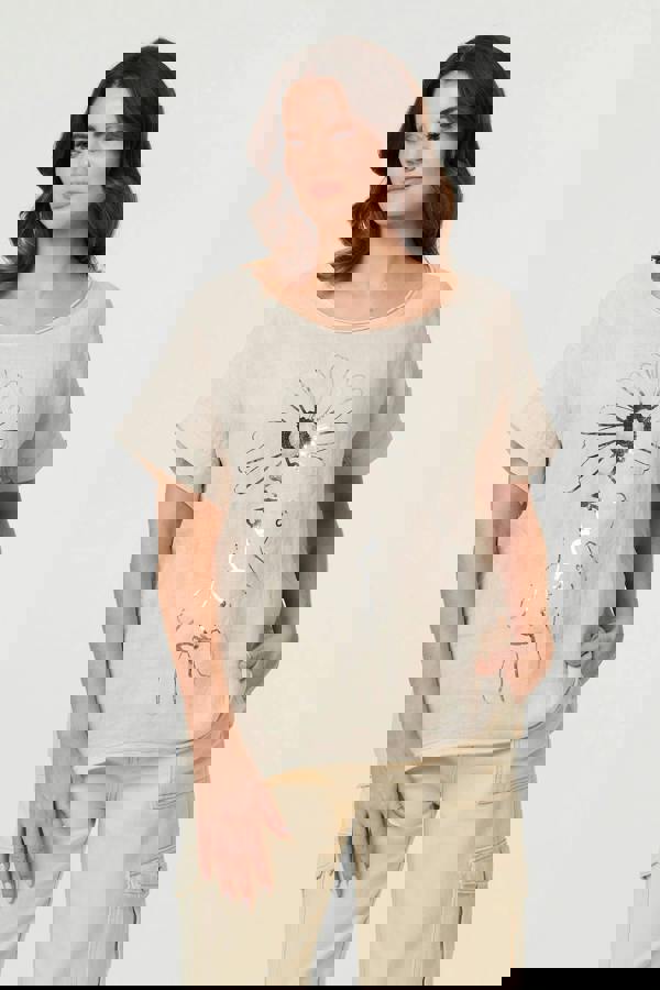 Linen | Floral Metallic Detail Short Sleeve Top