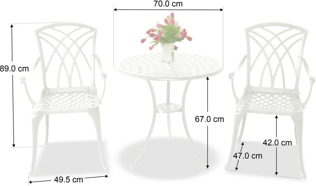 Centurion Supports OSHOWA Luxurious Garden and Patio Table and 2 Large Chairs with Armrests Cast Aluminium Bistro Set - White with Green Cushions