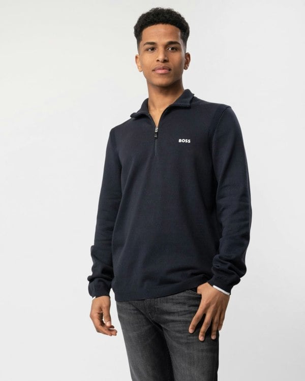 BOSS Green Ever-X Mens Cotton Blend Zip-Neck Sweater with Logo Print - Dark Blue 402