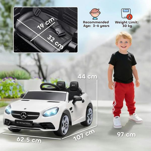 White kids electric ride-on car with visible dimensions and seat layout diagram.