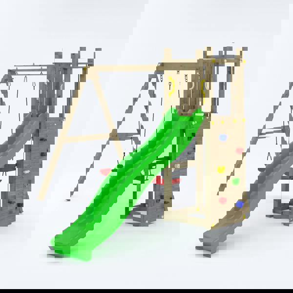 Climbing frame Rumble Ridge Rock Wall with double swing, slide and wall - Best Shed