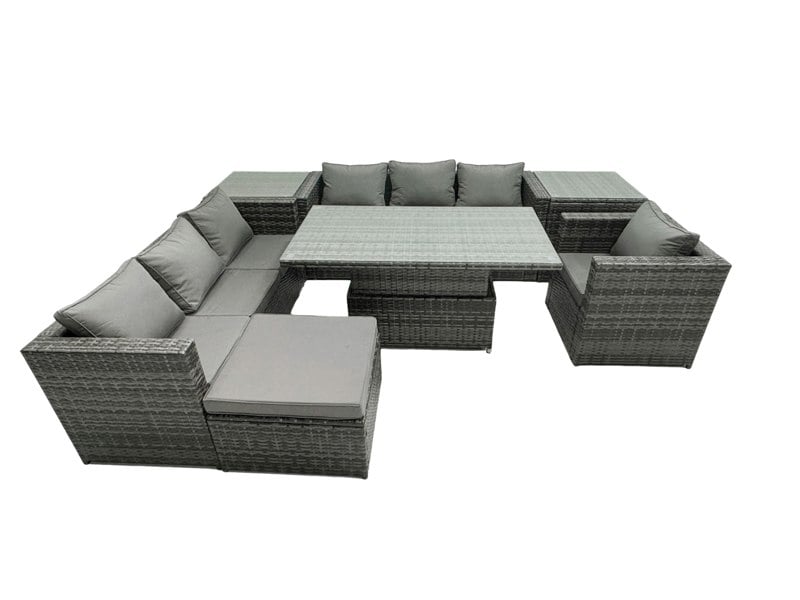 Fimous Rattan Dining Table Sofa Set with 2 Side Table Big Footstool Armchair Outdoor 8 Seat Garden Furniture Set Dark Grey Mixed