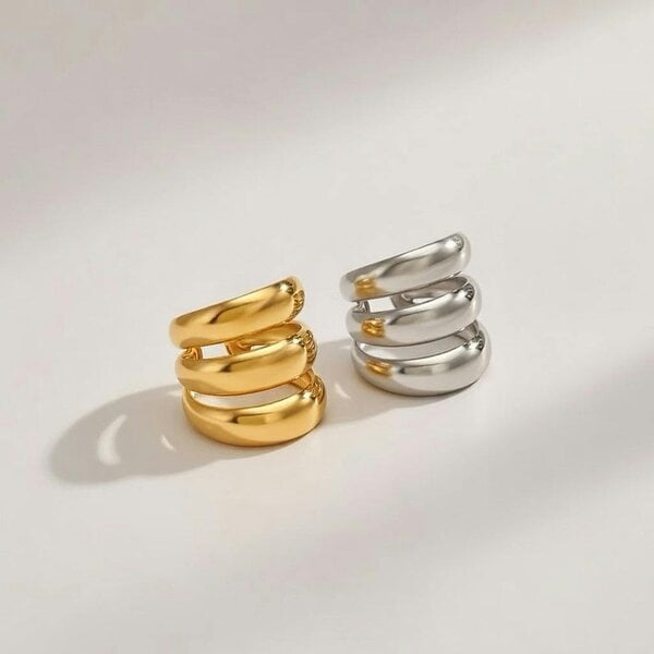 The Colourful Aura Chunky Triple Dome Adjustable Stacked Wide Band (Gold/Silver) Ring