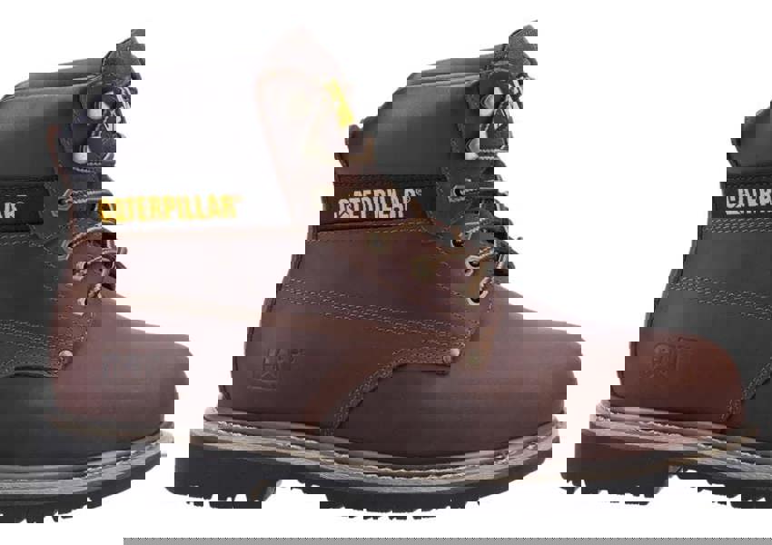 Caterpillar PowerPlant Mens SB Safety Classic Steel Toe Work Boots, brown leather safety boots with steel toe protection and padded ankle support.