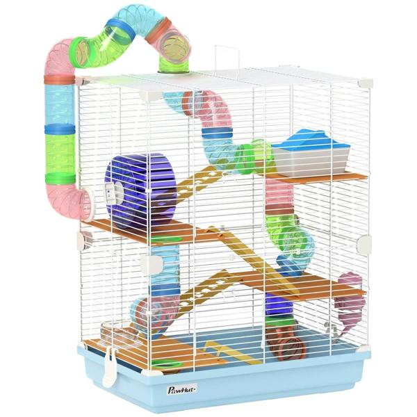 Light blue 5-tier hamster cage with white wire walls, colorful tunnels and platforms.