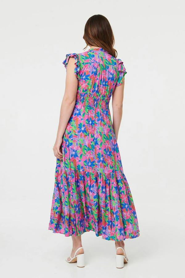 Blue | Floral Shirred Cap Sleeve Maxi Dress
