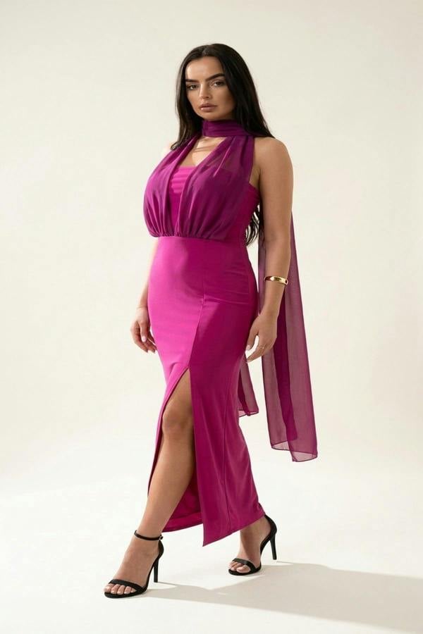 Celeste High Slit Draped Scarf Maxi Dress - Magenta