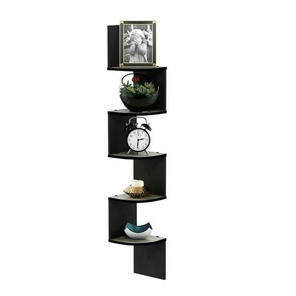 WALPLUS Rossi 5-Tier Wall Mount Floating Radial Corner Shelf, French Oak Grey/Black perfect for organized storage and display