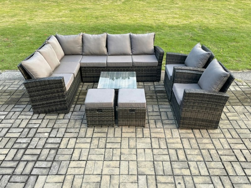 Fimous Rattan Garden Furniture Set Outdoor Lounge Corner Sofa Set With Square Coffee Table 2 Small Footstools Armchair 10 Seater Dark Grey Mixed