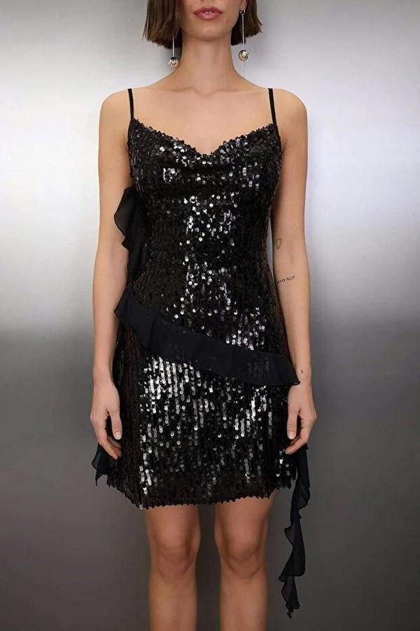 WOVCOR Sequin Mini Lined Dress with Ruffle Detail