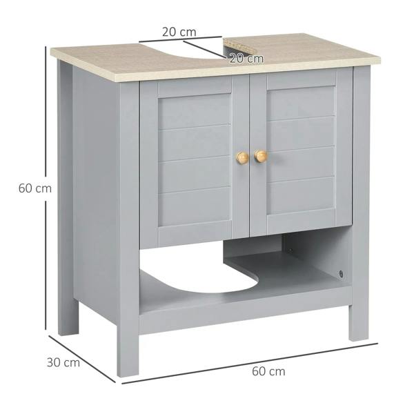 Grey pedestal under-sink cabinet with two doors, round knobs, and open storage space