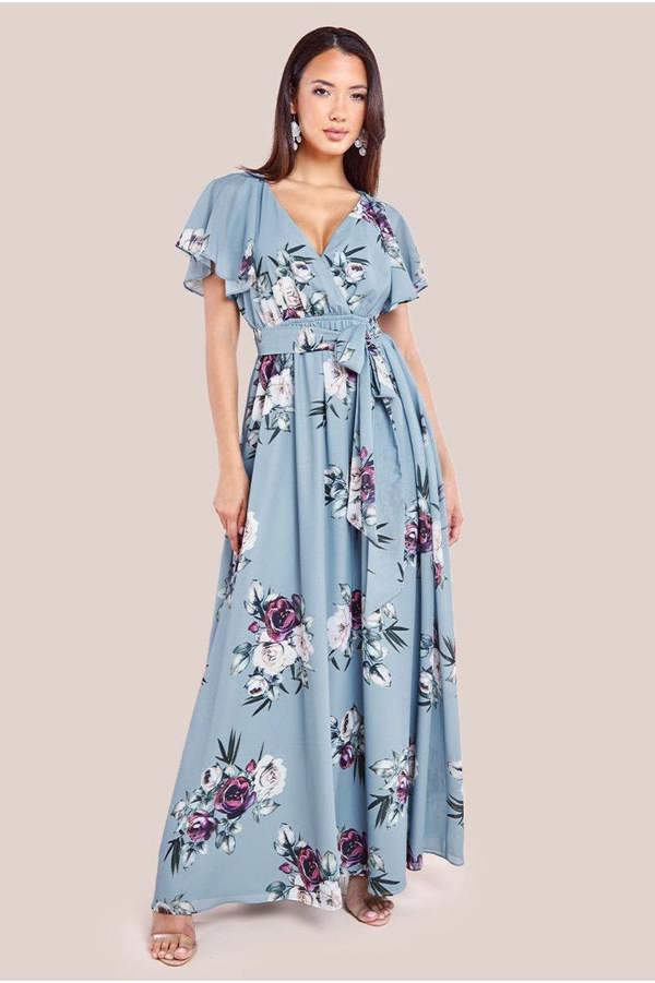 Sustainable Printed Flutter Sleeve Maxi Dress - Airforce Blue DR1582BBS