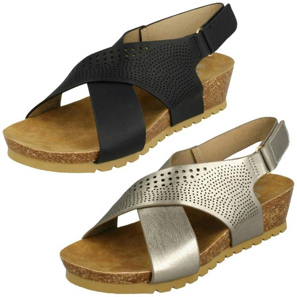 Down to Earth Ladies Down To Earth Mid Wedge X Strap Sandals