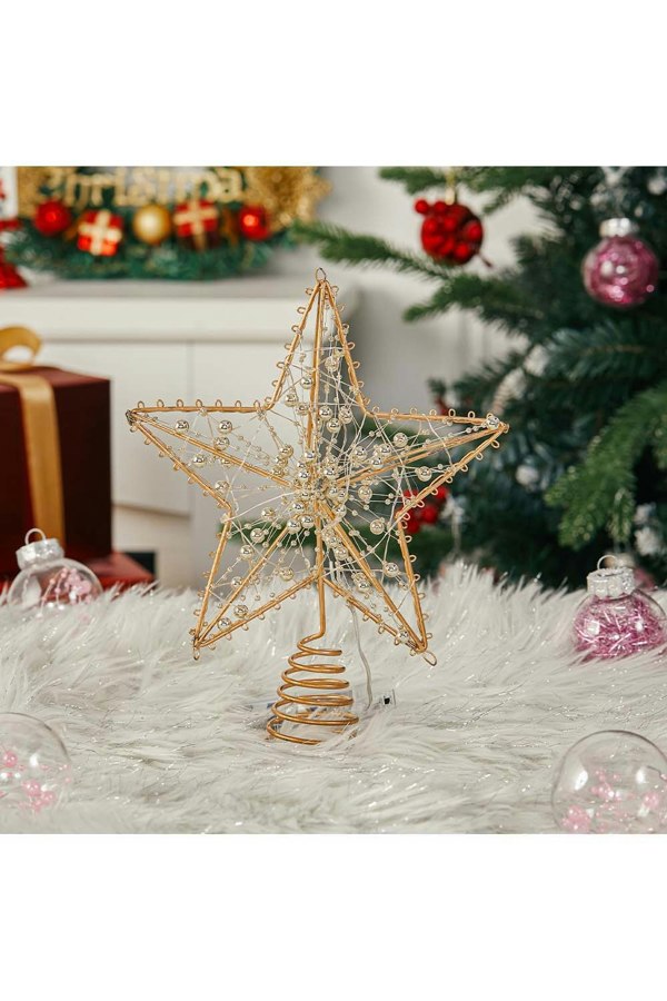 Living and Home Modern Metal Pre-Lit Star Christmas Tree Topper with Beads
