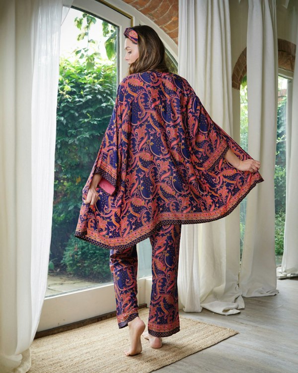 Antonia York Pink & Navy Blue Kimono | Emily Lightweight Silky Paisley Robe