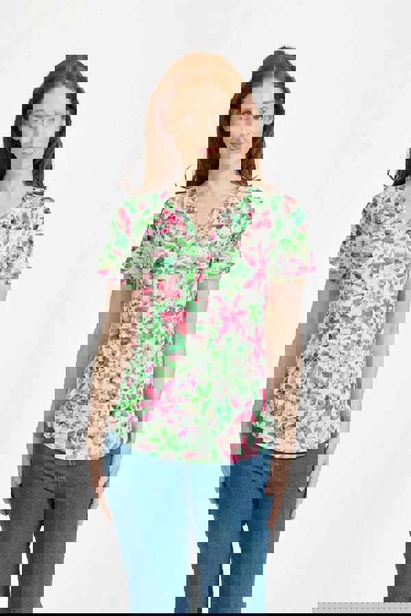 Mudflower Floral V-Neck Button Top