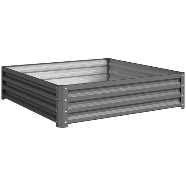 Light grey square raised steel garden bed with slatted sides and open top