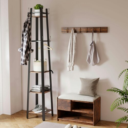 HOMCOM Industrial Coat Stand with 4 Storage Shelves and 8 Hooks Grey - Rustic Brown