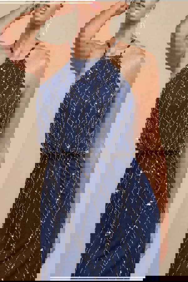 Racer Neck Sleeveless Hand Embellished Sequin Maxi Dress - Navy Blue DR2889