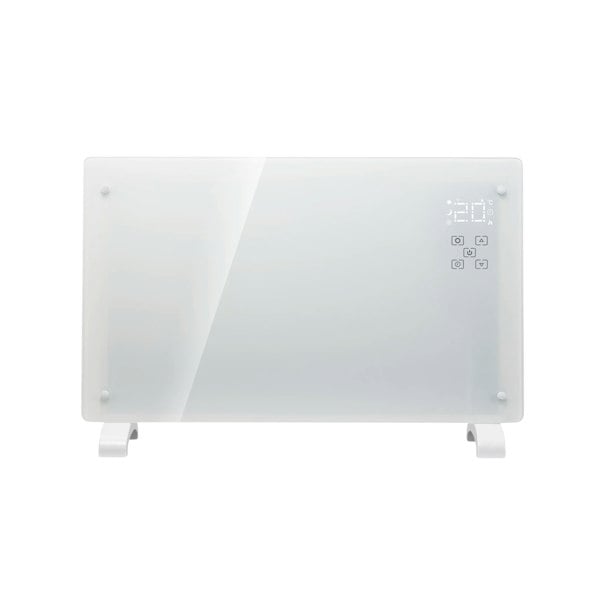 A picture of a white Senelux Glass Panel Heater with the control panel on the left side lit by an LED display.