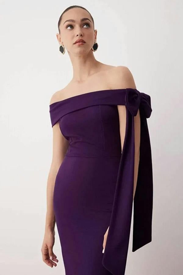 Hoxton Gal Elegant Fitted Knit Evening Dress with Shoulder Bow Detail
