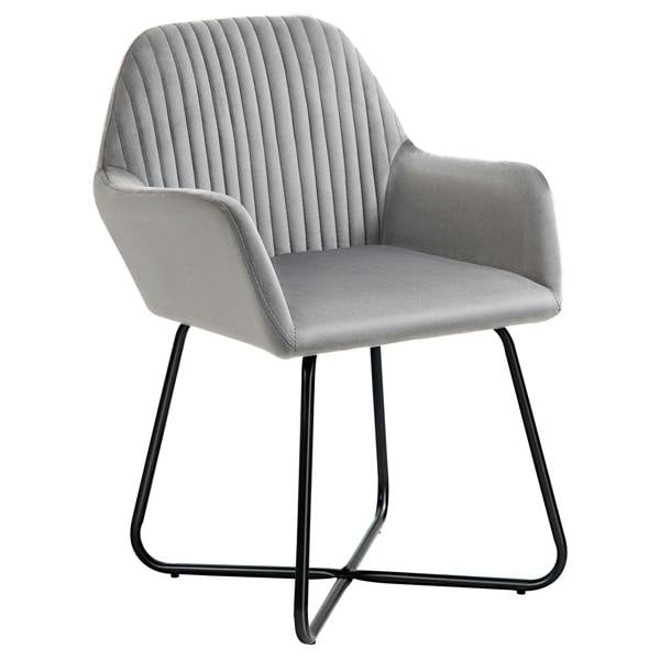 Grey upholstered accent arm chair with channel back and black metal sled legs