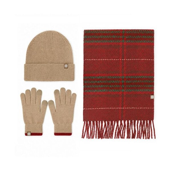 Obasyhig Christmas Check Knitted Hat Scarf and Gloves 3 Piece Set - Khaki