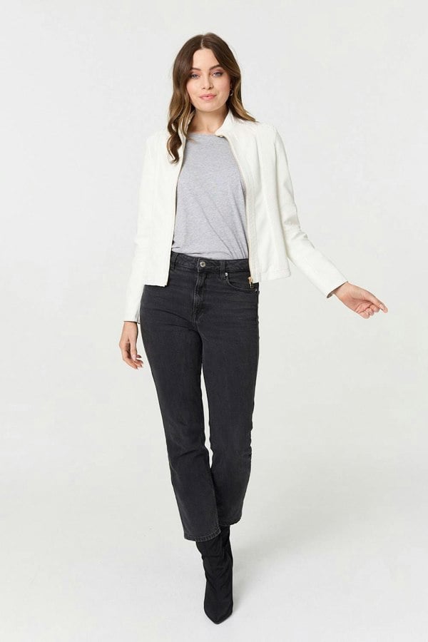 White | Zip Front Faux Leather Jacket