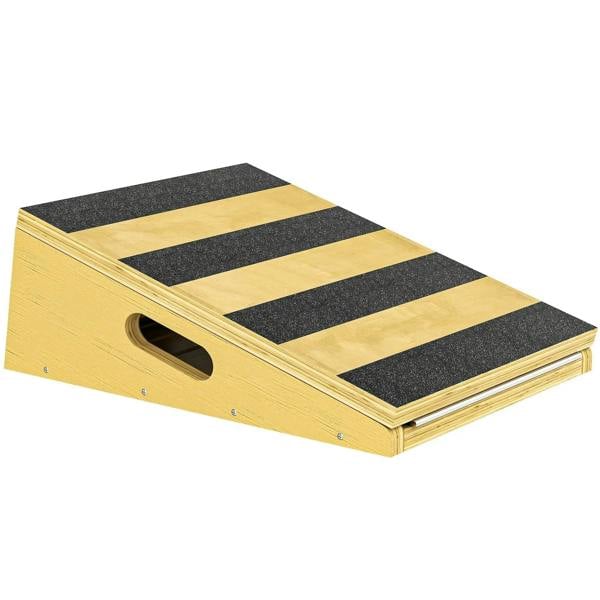 Adjustable wooden slant board calf stretcher with two black grip stripes and side carry hole