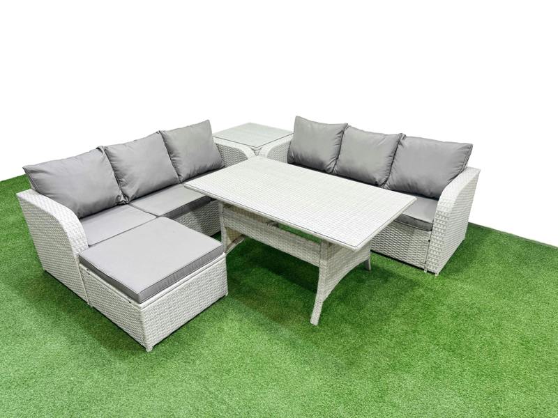 Fimous 7 Seater Wicker Rattan Garden Furniture Patio Set, Dining Table, High Back Lounge Sofa, Big Footstool, Side Table, Light Grey