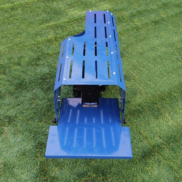 T-Mech 5T Log Splitter in blue, featuring a sturdy metal frame, slotted design for ventilation, and a flat base for stability on grass