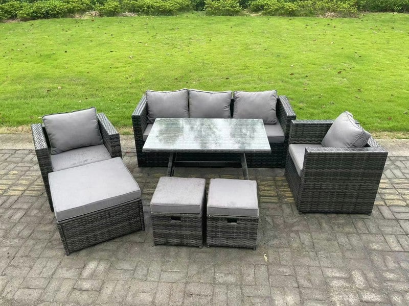 Fimous 8 Seater Rattan Outdoor Furniture Sofa Garden Dining Set with Dining Table 2 Armchairs 3 Stools Dark Grey Mixed