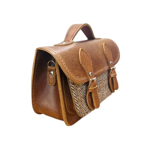 Zatchels Handmade Tannery Leather and Tweed Cross Body Micro Satchel Plus - Tan