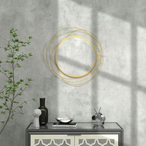 Gold tone abstract metal wire wall mirror with circular ring loops