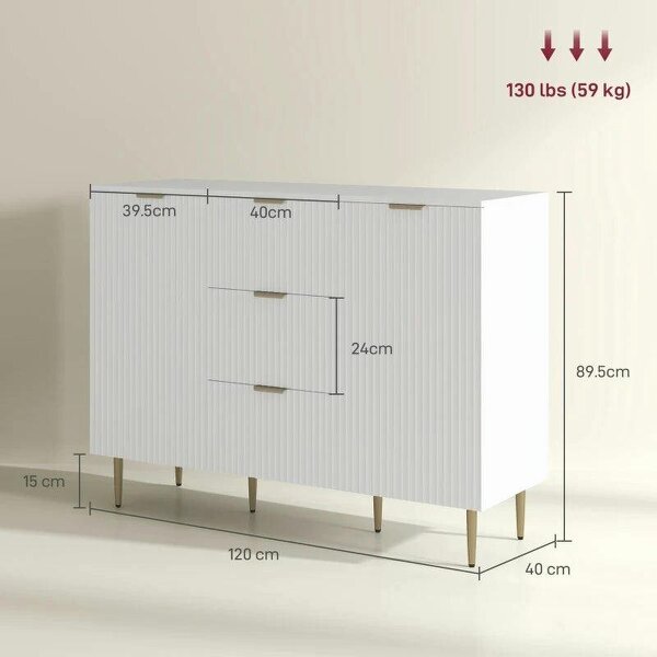 2-Door Sideboard with 3 Drawers and Adjustable Shelves - White